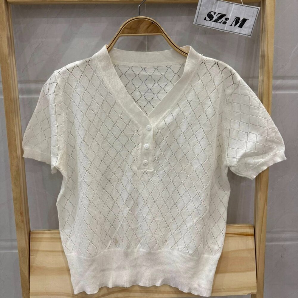 White Diamond Pointelle Knit V-Neck Button Cute Top